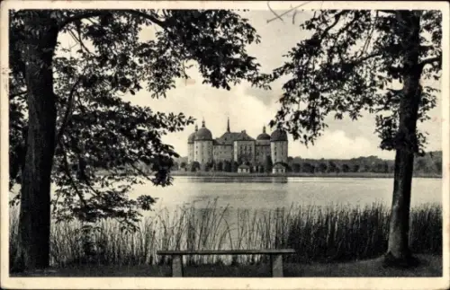Ak Moritzburg in Sachsen, Jagdschloss  Wasseransicht, Bäume im Vordergrund, Bank am Ufer