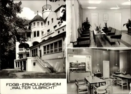 Ak Ostseebad Koserow auf Usedom, FDGB-Erholungsheim Walter Ulbricht, Außenansicht, Empfangshal...