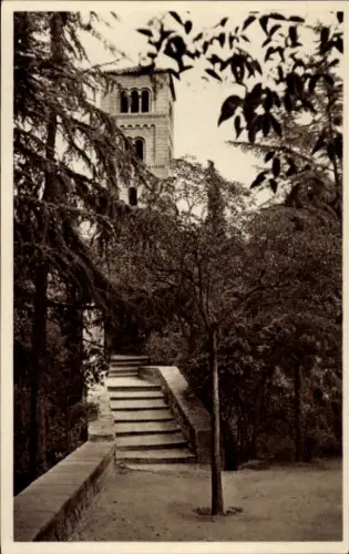 Ak Barcelona Katalonien Spanien, Baum, Treppe, Turm, Garten,  Pueblo Español, Montjuich