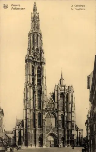 Ak Antwerpen Flandern, Kathedrale von  hoher Turm, gotische Architektur, schwarz-weiß