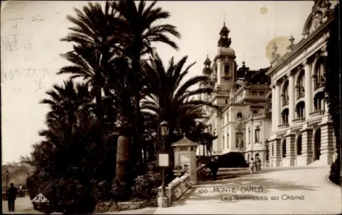 Ak Monte Carlo Monaco,  Terrassen des Casinos, Palmen, Schwarz-Weiß-Foto