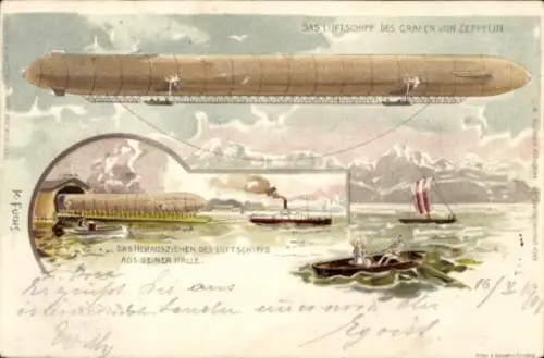 Künstler Litho Fuchs, Karl, Luftschiff über dem Bodensee, Zeppelin