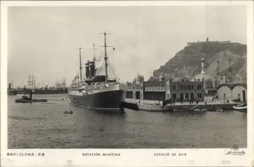 Ak Barcelona Katalonien Spanien, Hafen, Meeresbahnhof, Dampfschiff