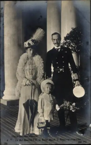 Ak König Haakon VII. von Norwegen, Königin Maud, Prinz Olaf, Portrait