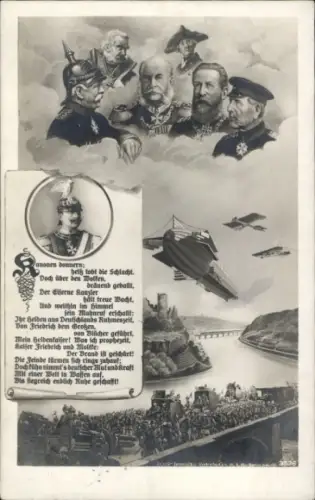 Ak Kaiser Wilhelm II., Kaiser Wilhelm I., Bismarck, Zeppelin, Flugzeuge