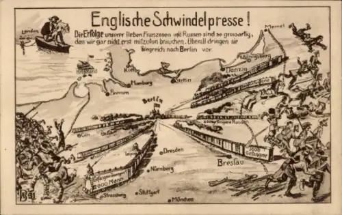 Ak Englische Schwindelpresse, Fliehende Soldaten, Landkarte