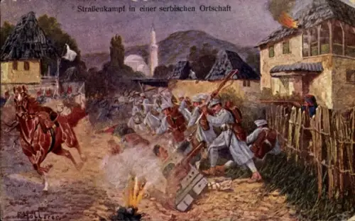 Künstler Ak Straßenkampf in einer serbischen Ortschaft, 1. WK