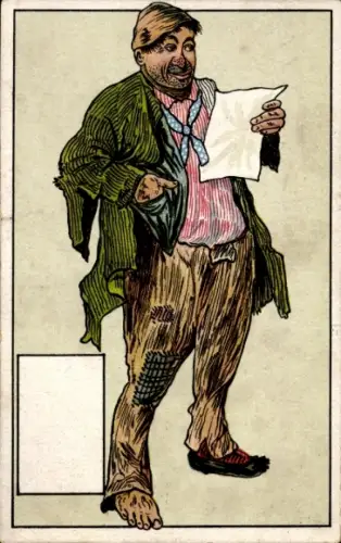 Ak Mann mit zerissener Hose liest einen Brief.