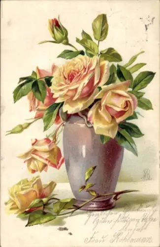 Künstler Ak Gelbe Rosen, Blumenvase