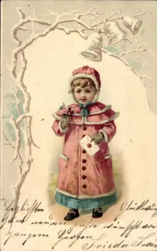 Litho Mädchen in rotem Mantel, Porträt, Glocken