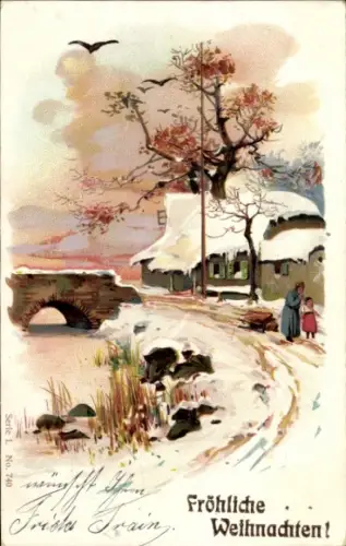 Ak Frohe Weihnachten, Dorfidyll