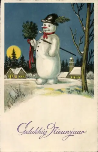 Ak Glückwunsch Neujahr, Schneemann mit Pfeife