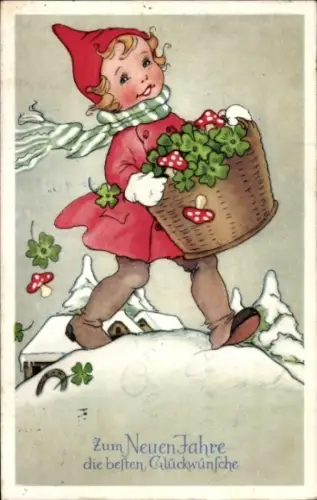 Ak Glückwunsch Neujahr, Mädchen, Kleeblätter, Fliegenpilze