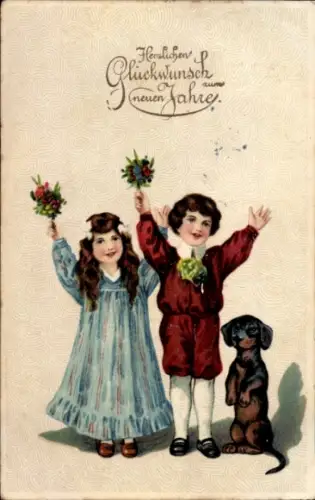 Ak Glückwunsch Neujahr, Kinder, Dackel
