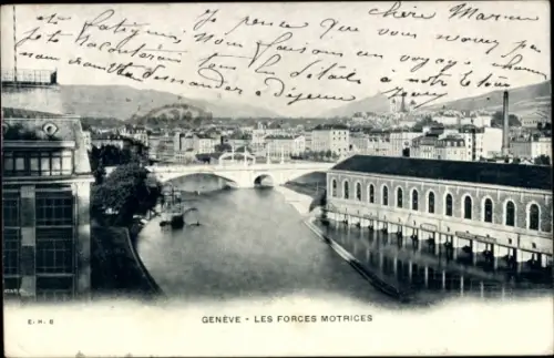 Ak Genf Stadt Schweiz,  Flussansicht, Brücke, Gebäude, 