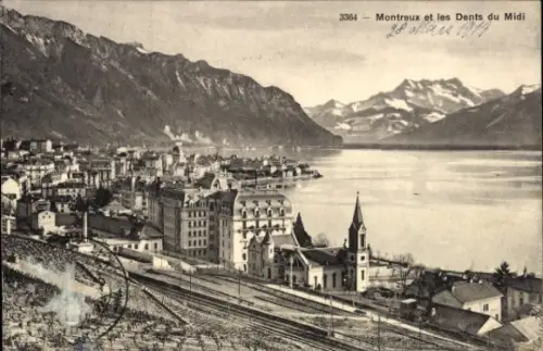 Ak Montreux Kanton Waadt Schweiz,  Dents du Midi, See, Berge, Stadtansicht