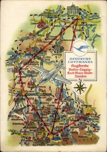 Landkarten Ak Deutsche Lufthansa, Flugstrecke Berlin Leipzig Karl Marx Stadt Dresden