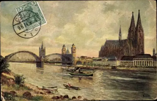 Ak Köln am Rhein, Kölner Dom, Hohenzollernbrücke, Rhein, Boote, Stadtansicht