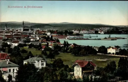Ak Konstanz am Bodensee, Stadtansicht, Bodensee, Schiffe, Häuser, Bäume
