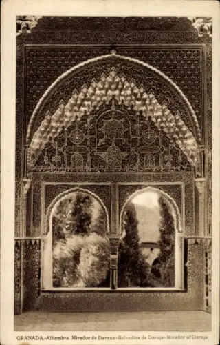 Ak Granada Andalusien Spanien, Alhambra, Mirador de Daraxa, Fenster mit Bögen, Landschaft im Hint