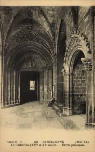 Ak Barcelona Katalonien Spanien, Kathedrale, Eingang, gotische Architektur,  Stile, schwarz-weiß