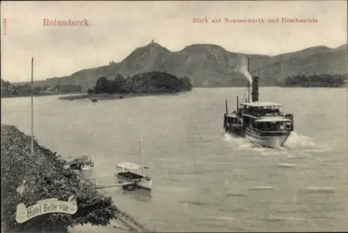 Ak Rolandseck Remagen am Rhein, Blick auf Nonnenwerth und Drachenfels, Dampfschiff, Hotel Belle v