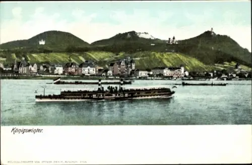Ak Königswinter am Rhein, Blick auf  Schiff auf dem Wasser, Berge im Hintergrund