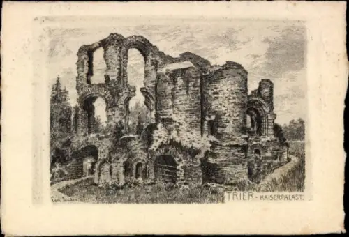 Ak Trier an der Mosel, Ruinen des Kaiserpalasts, Zeichnung, TRIER-KAISERPALAST