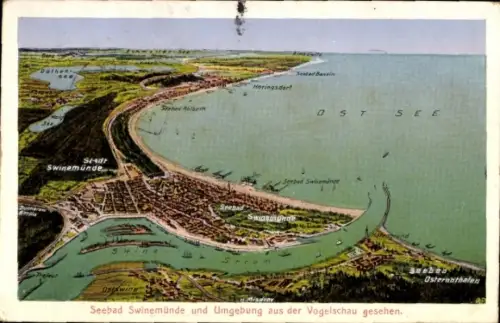 Ak Świnoujście Swinemünde Pommern, Luftaufnahme von  Ostsee, Seebad  Umgebung