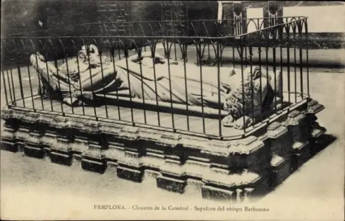 Ak Pamplona Navarra, Skulptur des Bischofs Barbazana, Käfig, Kathedrale, Pamplona