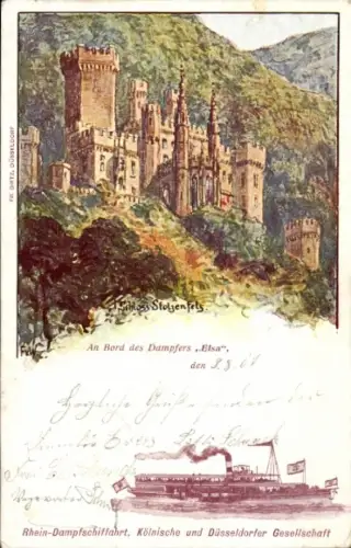 Künstler Ak Stolzenfels Koblenz am Rhein, Schloss Stolzenfels, Dampfer Elsa, Köln-Düsseldorfer Ges.