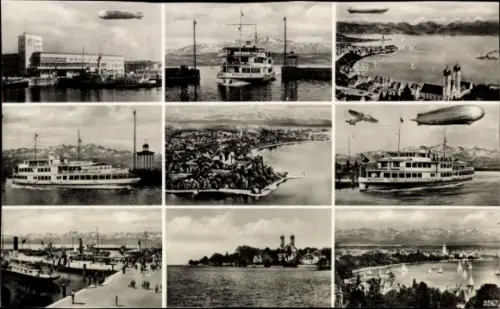 Ak Friedrichshafen am Bodensee, Zeppelin, Schiffe, Flugzeug, Panorama mit Alpen, Luftansicht
