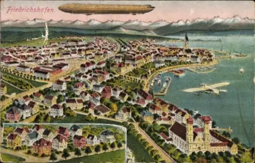 Ak Friedrichshafen am Bodensee, Zeppelin über der Stadt