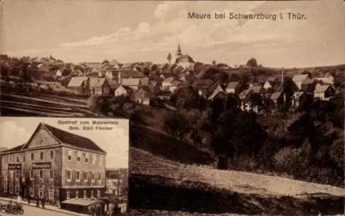 Ak Meura in Thüringen, Gesamtansicht, Gasthof zum Meurastein