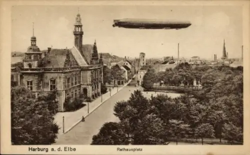 Ak Hamburg Harburg, Rathausplatz, Zeppelin