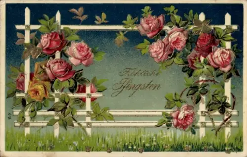 Glitzer Präge Ak Fröhliche Pfingsten, Rosenspalier