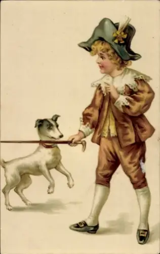 Künstler Ak Junge mit Gehstock und Hund