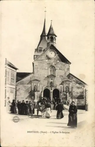 Ak Breteuil Eure, Gotische Kirche, L'Eglise St-Sulpice, Menschen auf der Straße