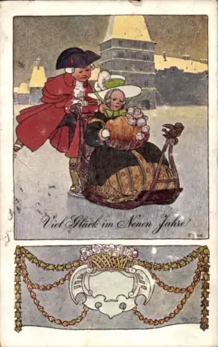 Ak Glückwunsch Neujahr, Kinder, Eislauf, Muff