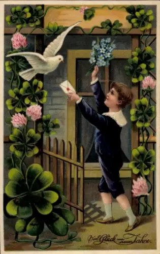 Präge Ak Fröhliches Neujahr, Junge, Vergissmeinnicht, Taube, Kleeblätter
