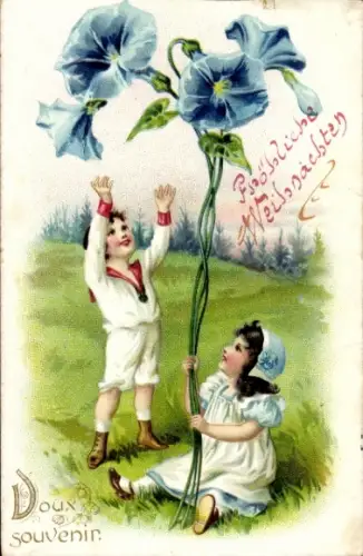 Litho Amitié, Kinder auf einer Wiese, blaue Blumen