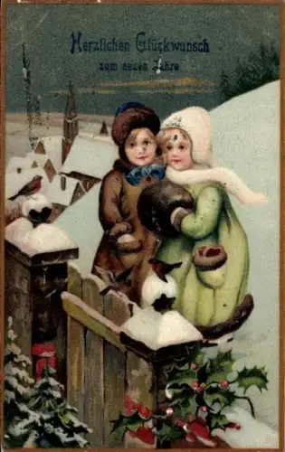 Ak Glückwunsch Neujahr, Kinder, Stechpalme, Vögel