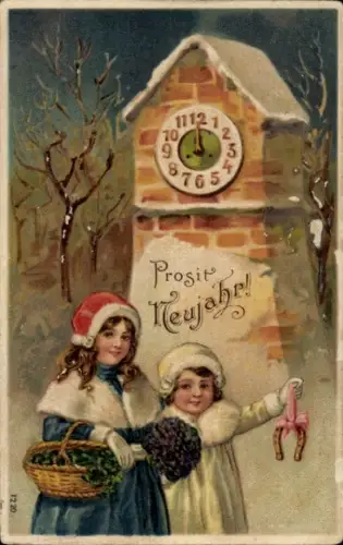 Präge Ak Glückwunsch Neujahr, Mädchen, Uhr, Hufeisen
