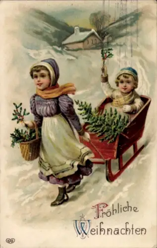 Präge Ak Glückwunsch Weihnachten, Kinder, Tannenbaum, Schlitten