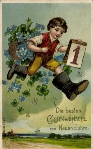 Präge Ak Glückwunsch Neujahr, Kind, Kalender, Glücksklee, Vergissmeinnicht