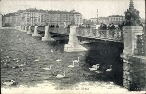 Ak Genf Stadt Schweiz, Brücke in  Schwäne im Wasser, Menschen auf der Brücke