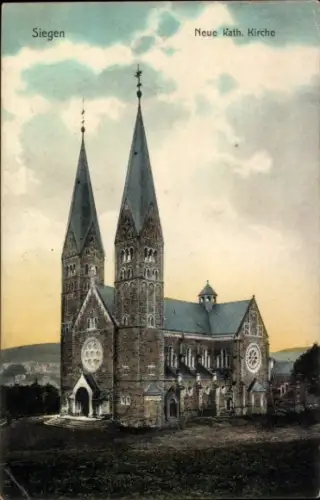 Ak Siegen in Westfalen,  Neue Kath. Kirche, zwei Türme, bunte Farben