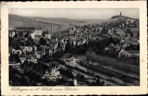 Ak Tübingen am Neckar, Schwarz-Weiß-Bild, Stadtansicht,  Fluss, Hügel, Bäume