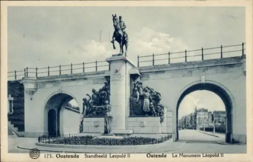 Ak Oostende Ostende Westflandern, Reiterstatue Leopold II, Monument, Ostende, Belgien