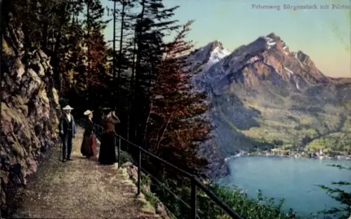 Ak Bürgenstock Kanton Nidwalden, Felsenweg,  Pilatus, zwei Personen, Berglandschaft